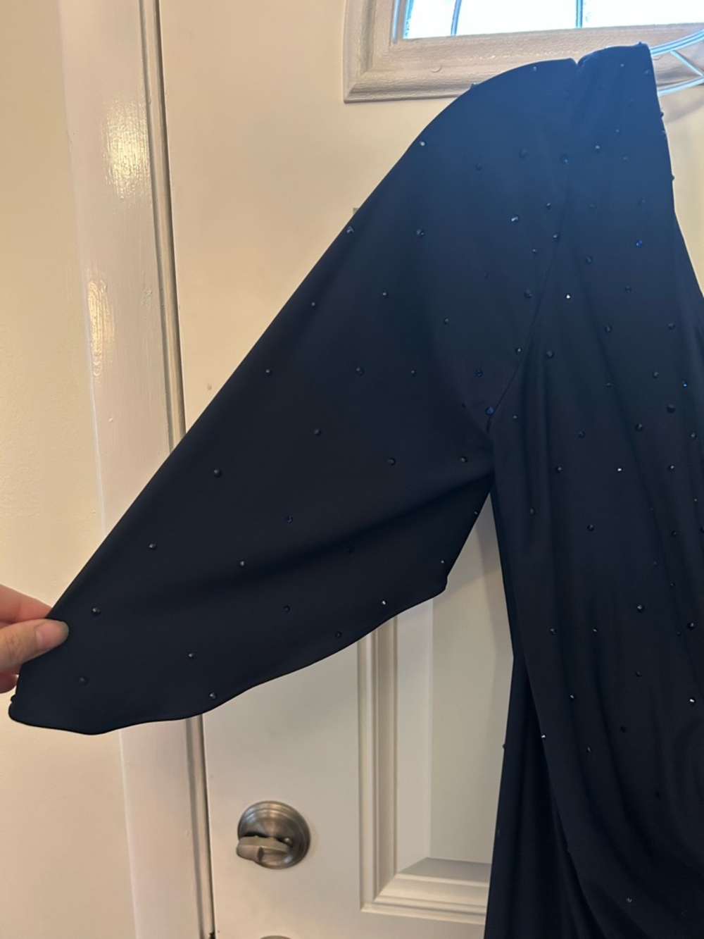 Elegant Navy Blue 3/4 Long-Sleeve Draped Evening Gown - Picture 8 of 8